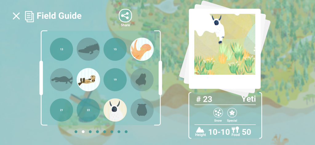 DESERTOPIA - The Field Guide screen in Desertopia showing a collection of animals and details for a legendary Yeti