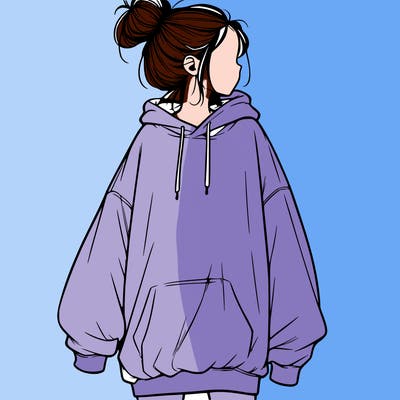 realistic girl with a oversized sweatshirt on and a bun