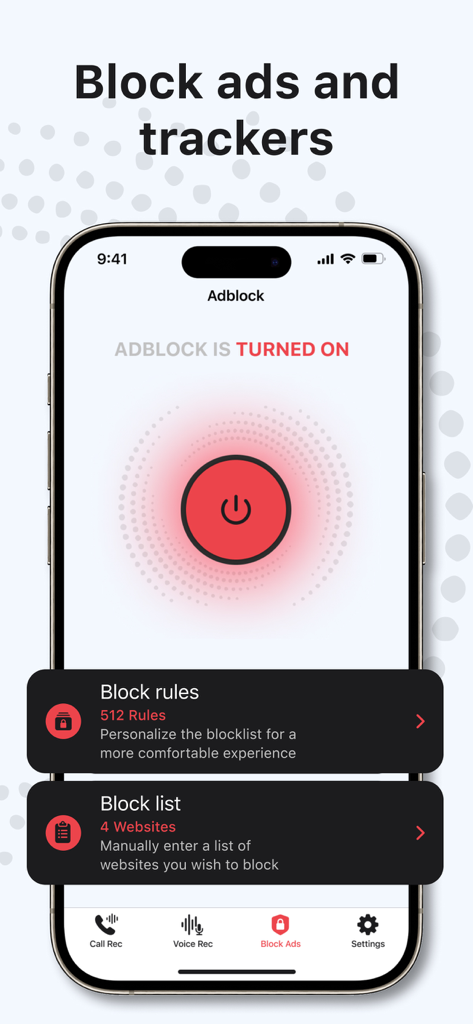 Phone Call Recorder, Recording - Interface of the phone call recorder app showing active ad and tracker blocking features
