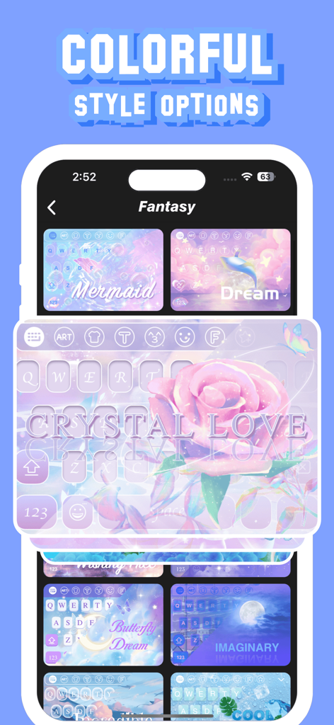 Font Keyboard: Cool Themes - Font Keyboard app interface displaying a variety of aesthetic and colorful keyboard themes like Mermaid and Crystal Love.