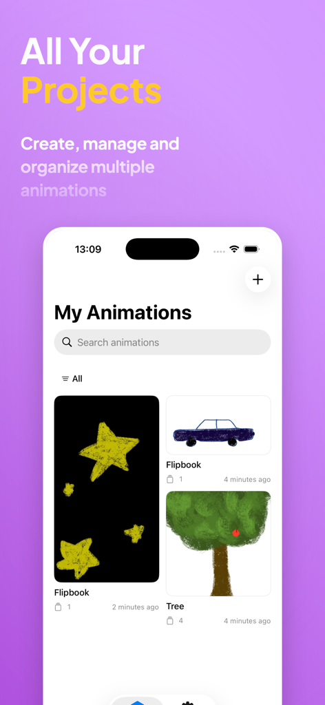 Flipbook - Animation Studio - Flipbook Animation Studioアプリのプロジェクト管理ダッシュボード。描画とアニメーションのギャラリーを表示