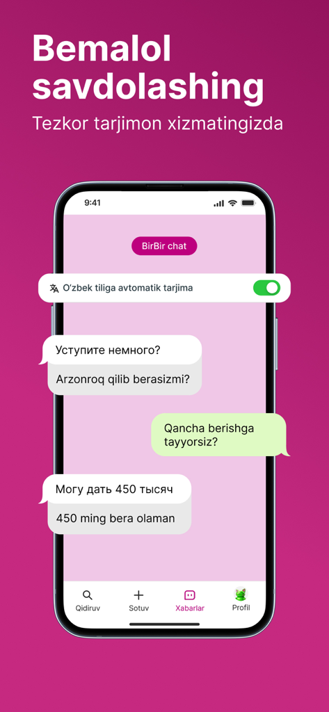 BirBir: soting va sotib oling - BirBir marketplace app chat interface showing automatic translation between Russian and Uzbek for bargaining
