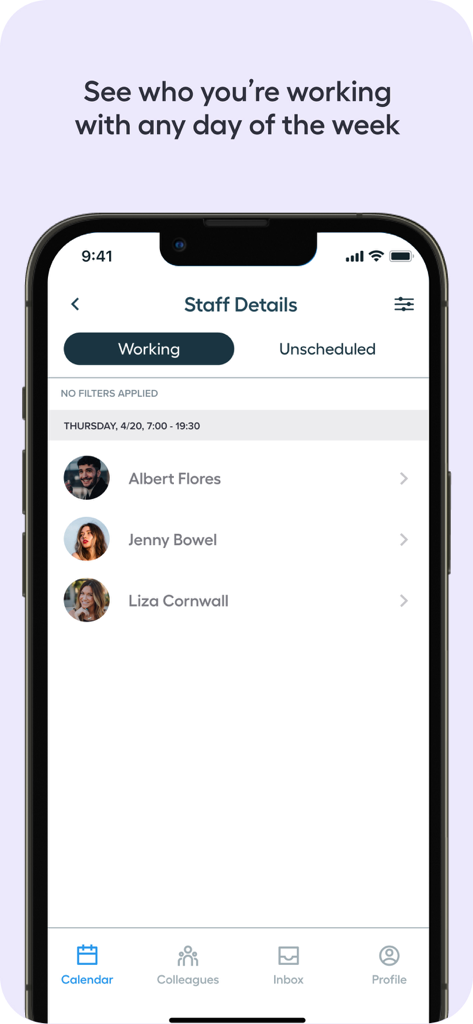 NurseGrid Nurse Shift Calendar - NurseGrid app interface showing a list of colleagues working on a specific nursing shift
