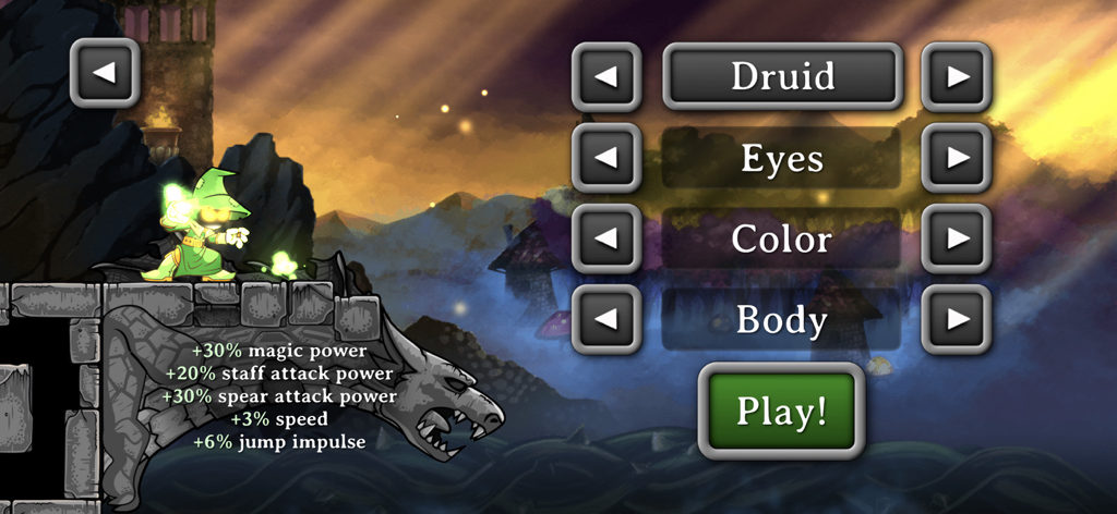 Magic Rampage - Pantalla de personalización de personaje para la clase Druida en Magic Rampage mostrando bonificaciones de estadísticas y configuraciones de apariencia