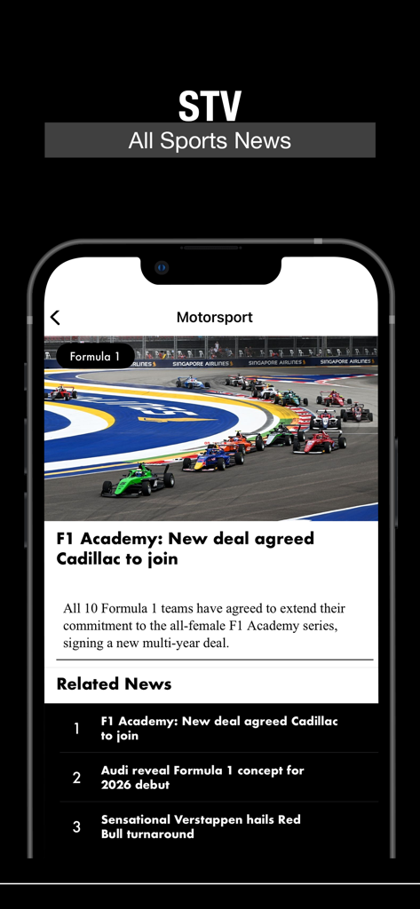 Motorsport TV Live Streaming - A smartphone screen showing an article about F1 Academy and Cadillac joining within the Motorsport TV app news section.
