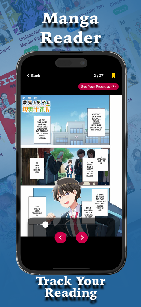 Manga Reader Manwa & Manhua - Interface de l'application mobile Manga Reader affichant un chapitre de manga et le suivi de la progression de la lecture.