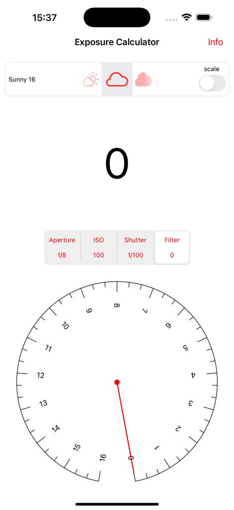 Exposure Equivalence - Belichtungsgleichwertigkeits-App-Oberfläche, die den Belichtungsrechner mit Sunny 16-Voreinstellungen und einem Balance-Rad zeigt