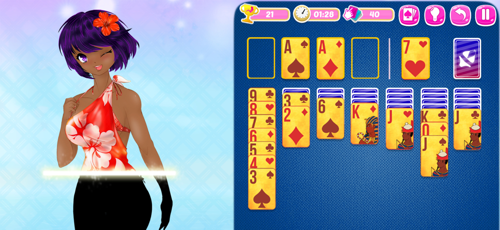 Solitaire Manga Girls - A solitaire card game interface on a blue background next to a purple-haired manga girl illustration
