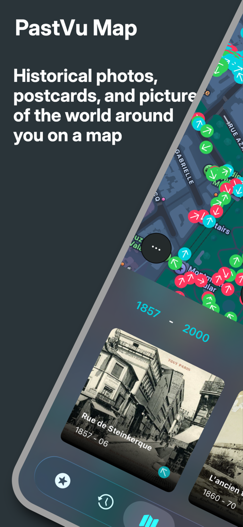 PastVu map - PastVu map app interface showing historical street photos from 1857 with location markers on a digital map