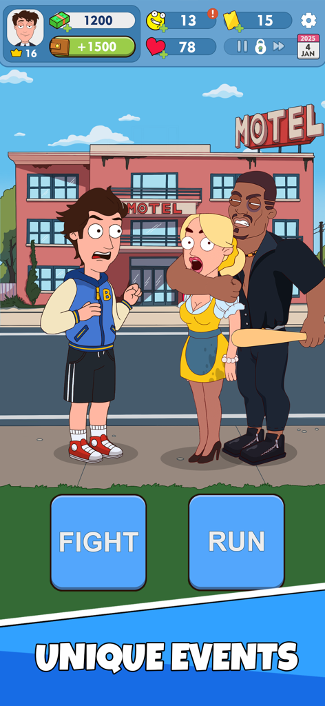 Gameplay screenshot of Idle Guy Life Simulator showing a unique event choice between Fight and Run during a motel confrontation