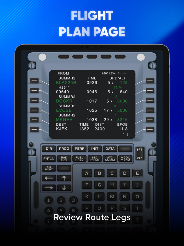 Página de Plan de Vuelo del Airbus A320 FMS que muestra tramos de ruta en un iPad