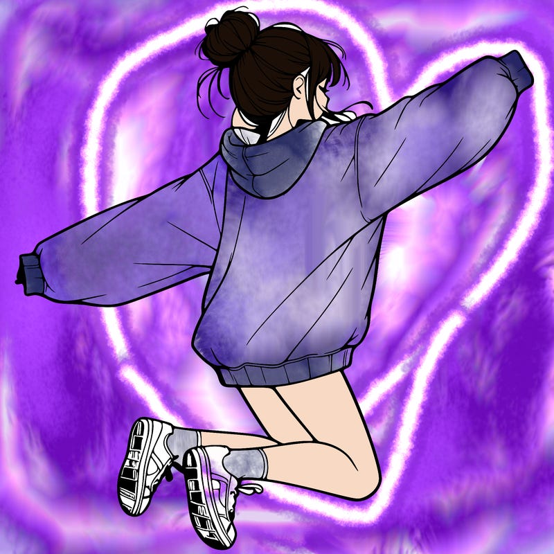 realistic girl jumping with a bun and oversized sweatshirt