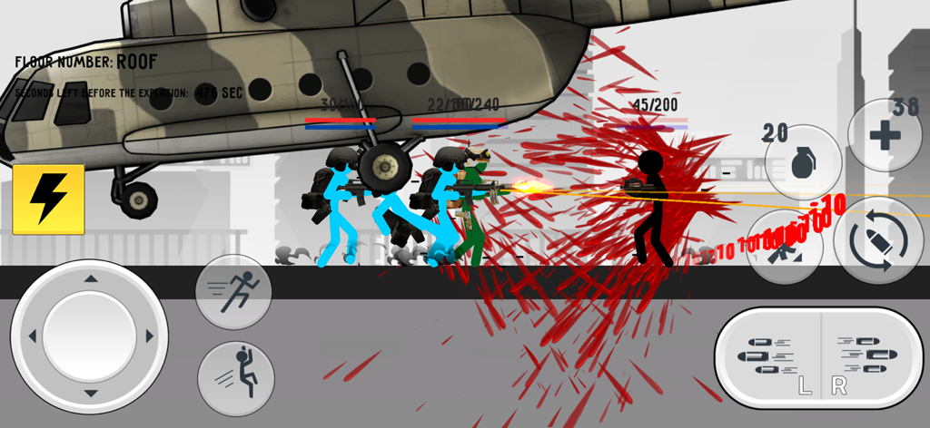 Stick Warfare Battle Strike - Stickman characters engaging in a fast-paced shooting battle on an urban rooftop with a military helicopter background