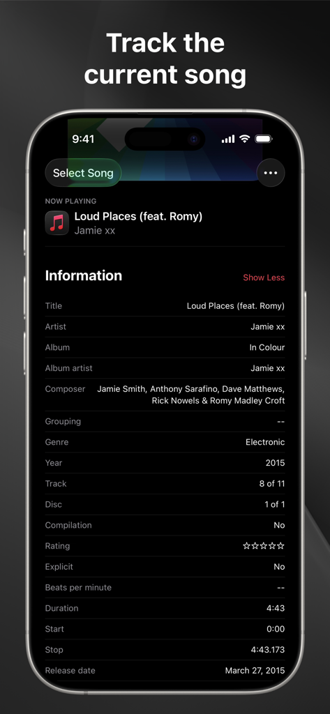 현재 노래의 아티스트, 앨범 및 작곡가를 포함한 상세한 메타데이터를 표시하는 모바일 인터페이스
