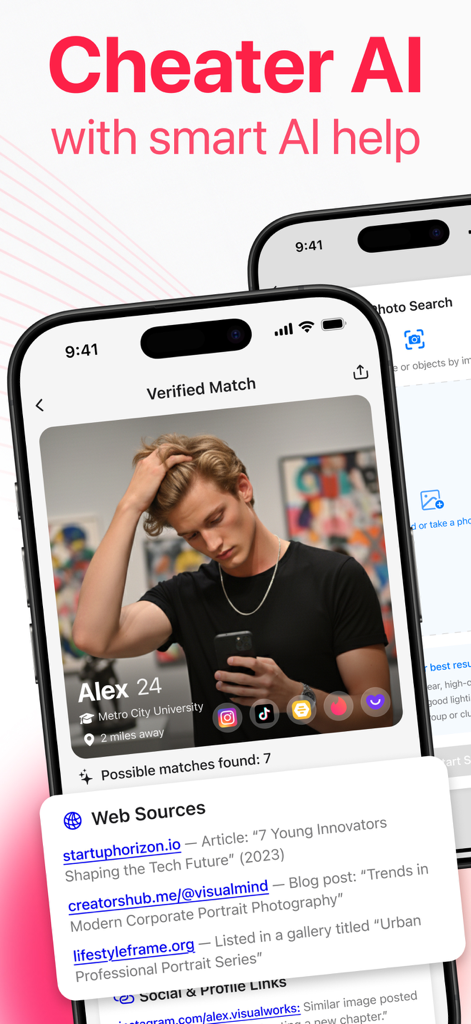 Cheater AI: Social Catfish - Cheater AI app interface performing a reverse image search to verify a dating profile match.