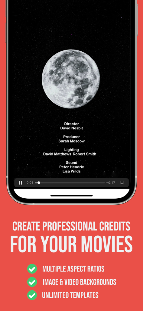 iPhone showing a cinematic credit roll with a moon background in the Scrolling Credits Maker app