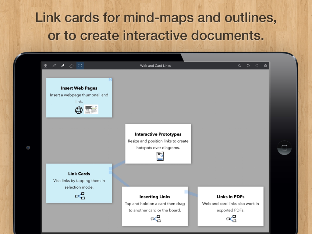 Cardflow Plusでマインドマップを作成するためにリンクされたデジタルインデックスカードが表示されているiPad画面。