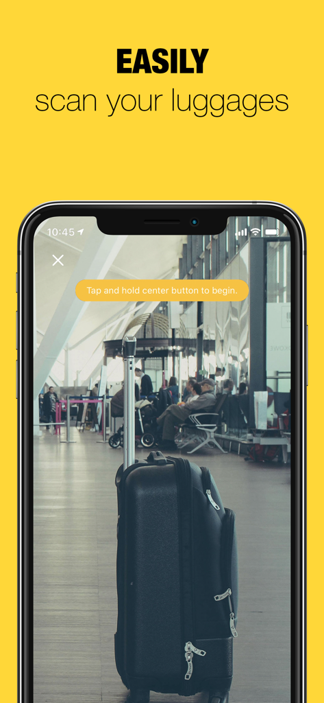 Smartphone screen showing a black suitcase being scanned with an AR luggage measurement app in an airport terminal