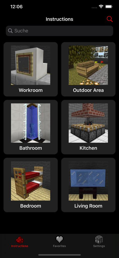 iFurniture Minecraft Designs - Pantalla de la aplicación iFurniture mostrando categorías de diseños de interiores para Minecraft como dormitorio y cocina