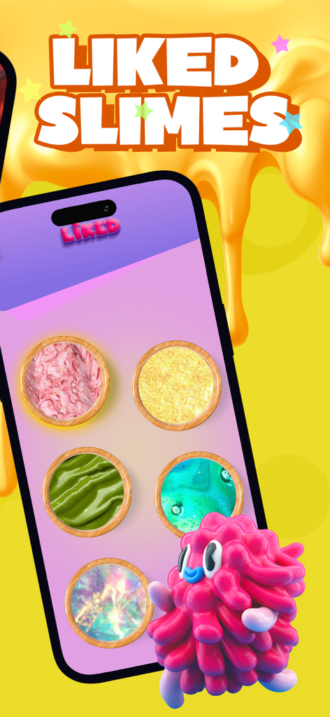 iPhone screen showing liked slime textures in a gallery with a pink slime pet character