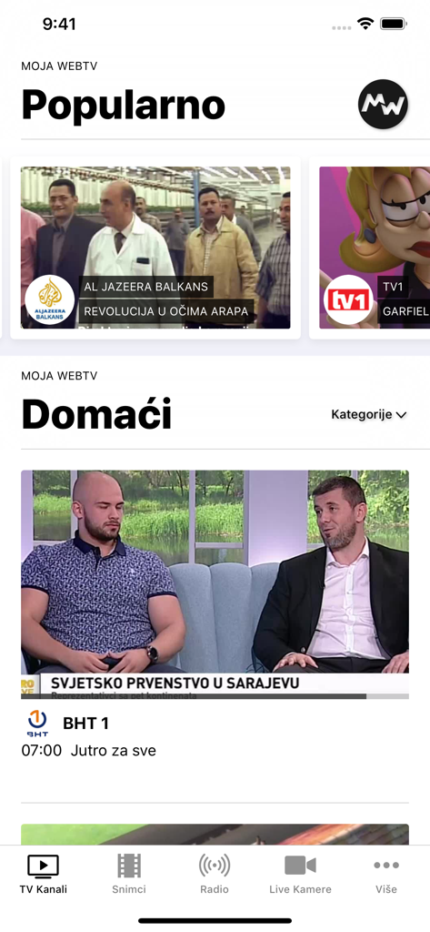 Moja webTV app interface showing popular Bosnian TV channels and local news