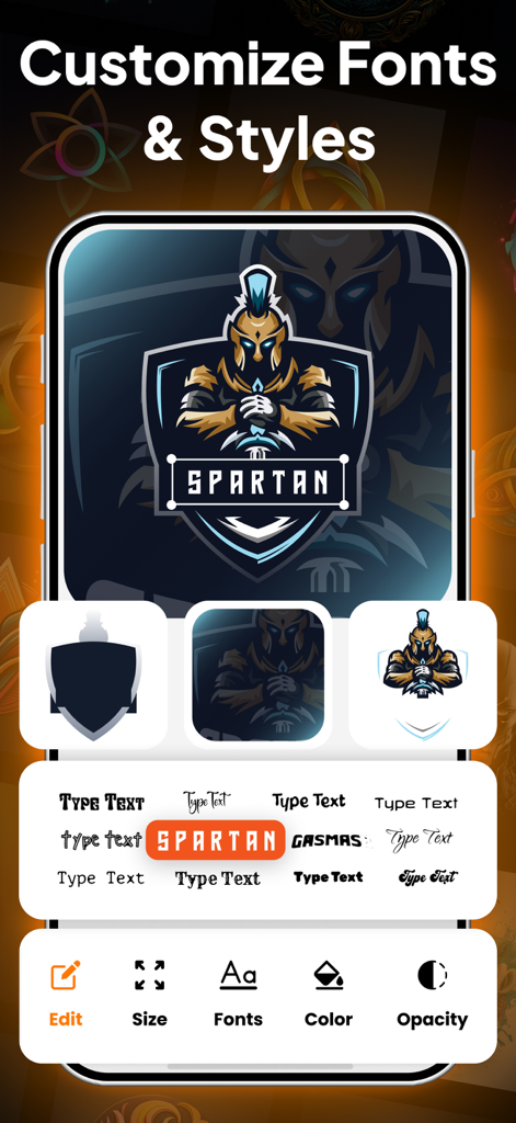 Logo Maker - Design Creator * - Interfaccia dell'app mobile che mostra opzioni di personalizzazione del font e dello stile per un logo di guerriero spartano.