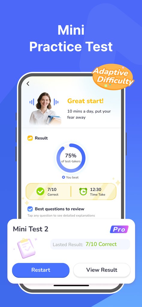 A mobile screen showing SAT mini practice test results with score details and adaptive difficulty badge