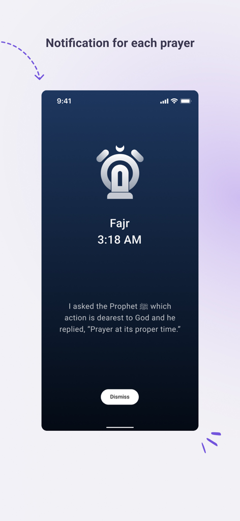 Notification screen for Fajr prayer at 3:18 AM with an Islamic quote