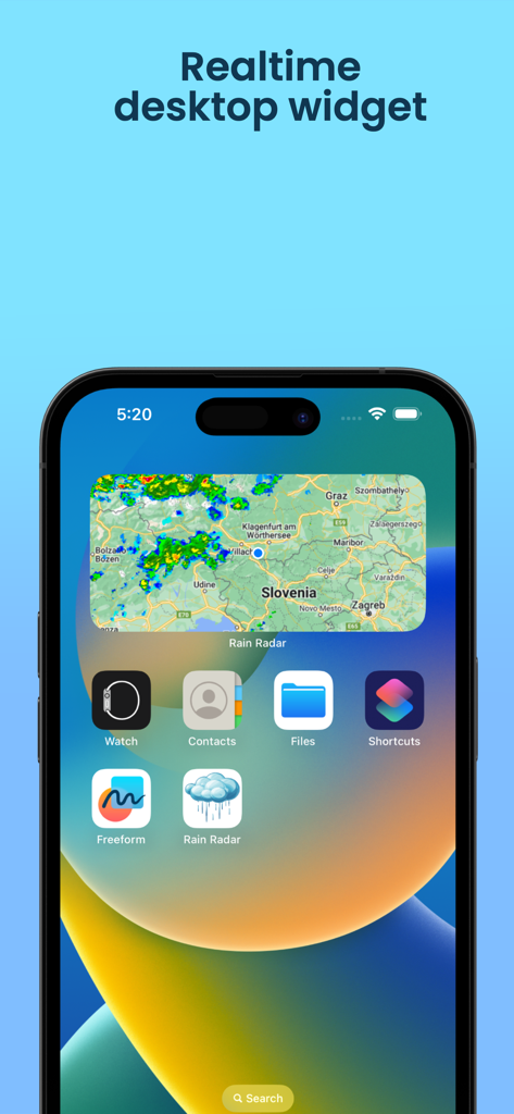 Rain Radar App - An iPhone home screen displaying a real time rain radar map widget