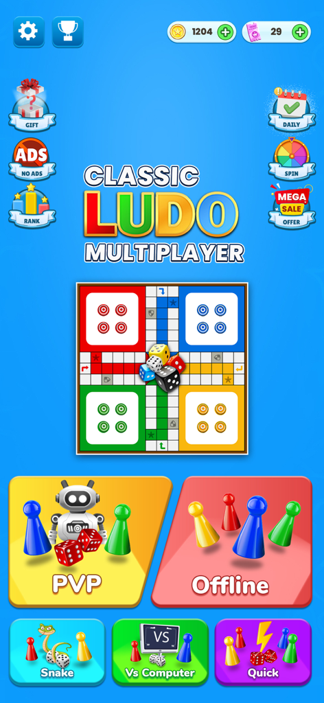 Classic Ludo : Dice Board Game - Main menu of Classic Ludo Multiplayer app with game modes like PvP, Offline, and Snakes and Ladders.