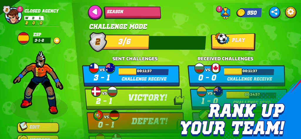 Golazo! - Arcade soccer game interface showing challenge mode results and rank up text