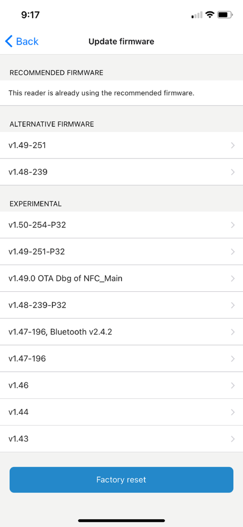 Maintenance by Socket Mobile - Interface for updating firmware and performing a factory reset in the Maintenance by Socket Mobile app