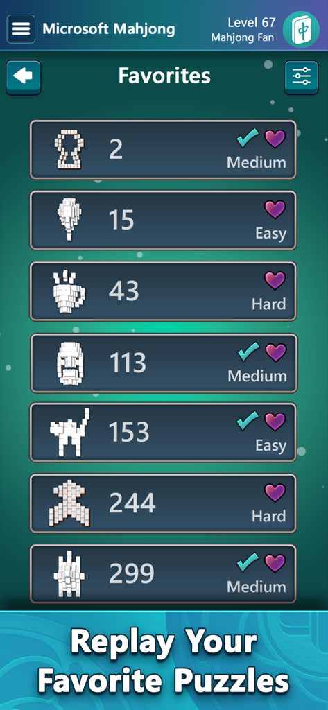 Mahjong by Microsoft - A list of favorited mahjong puzzles in the Microsoft Mahjong app showing puzzle shapes difficulty levels and completion status