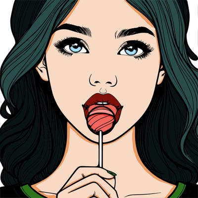 a realistic girl with a lollipop in her mouth