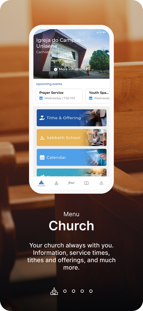 7me app interface showing the church menu with options for tithe, offering, and Sabbath school