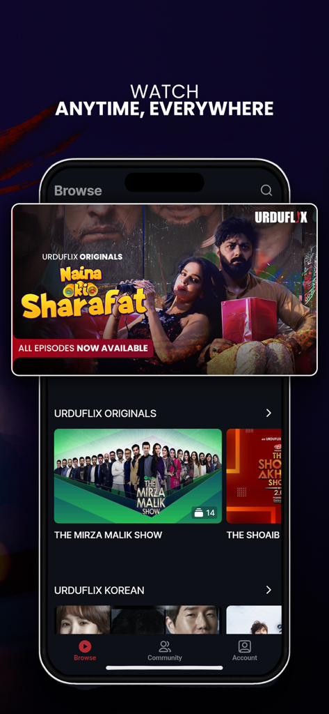 Urduflix - اردو فلکس - Urduflix mobile app interface displaying original Urdu web series and movies.