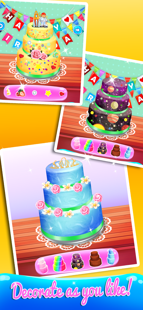 Cake Maker Game - Three tiered decorated cakes with galaxy and floral themes in a kids game