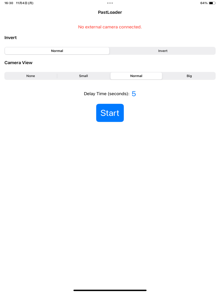 Delay Camera for USB Cam - Settings screen of the Delay Camera for USB Cam app on iPad showing options for video delay time and camera view size.