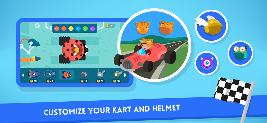 Un menú para personalizar el coche de carreras y el casco del conductor en Code Karts.