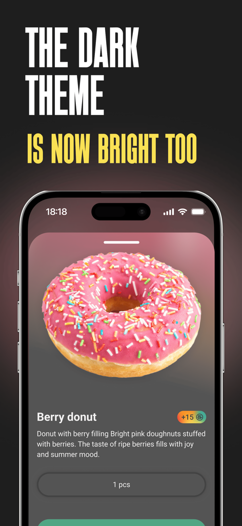 Папа Джонс - Доставка пиццы - Captura de tela do aplicativo Papa Johns mostrando um donut de frutas vermelhas em uma interface de usuário com tema escuro