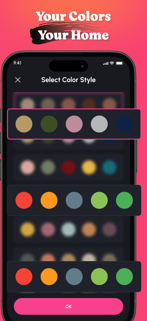 Interfaz de la aplicación HomeAi para seleccionar estilos y paletas de colores de diseño de interiores