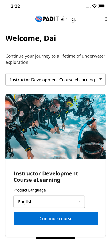 PADI Training app dashboard showing the Instructor Development Course eLearning with a button to continue the course