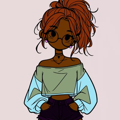 girl with a messy ponytail glasses a baggy crop top and jean shorts