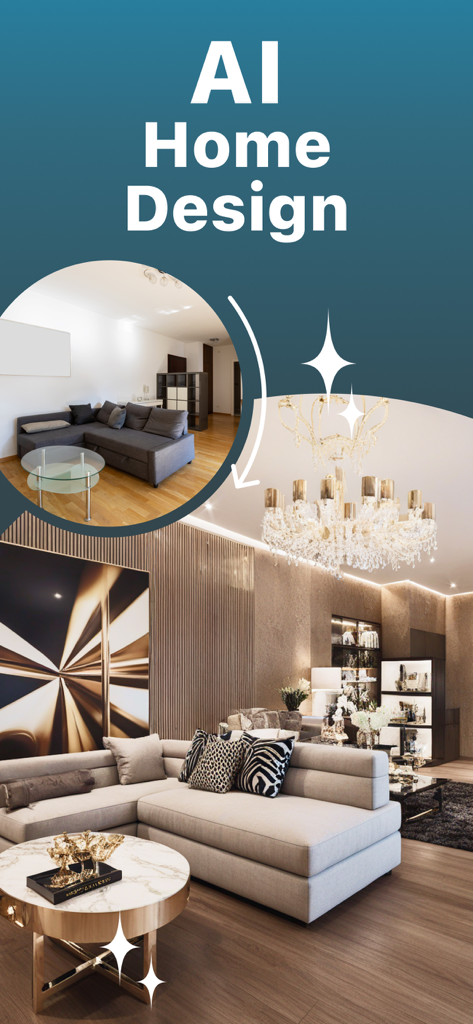 Deko: AI Home Design & Remodel - Before and after comparison of a living room transformation using AI home design tools