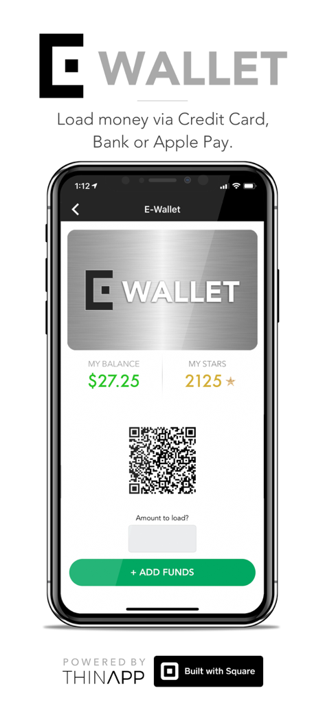 E-Wallet - Digital Cash - E-Wallet app screen displaying digital balance loyalty stars and QR code to load money