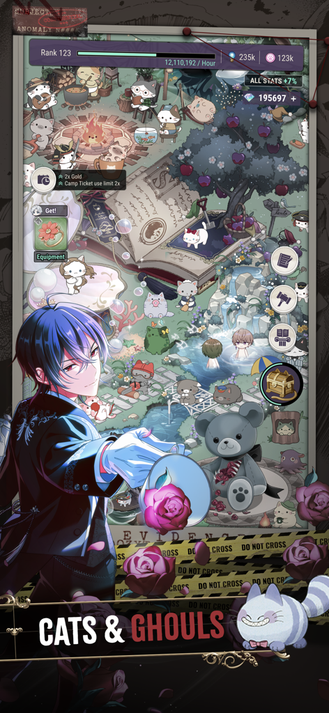 An anime-style blue-haired character holding a rose in front of a bustling camp scene filled with cute cat familiars.