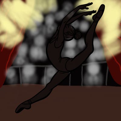 gymnast doing a leap in a leotard with a bent back leg