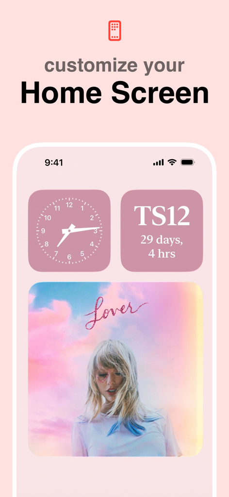 A pink themed iPhone home screen customized with Widgetsmith widgets including an analog clock and a photo of Taylor Swift
