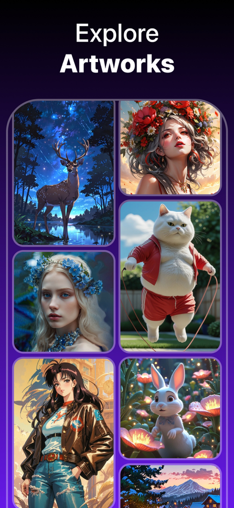 A gallery showcasing diverse AI-generated images like animals and artistic portraits in multiple styles