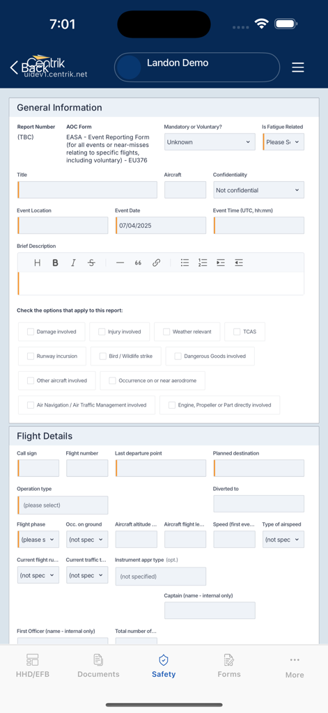 Digital aviation safety reporting form within the Centrik app interface showing general information and flight details sections.